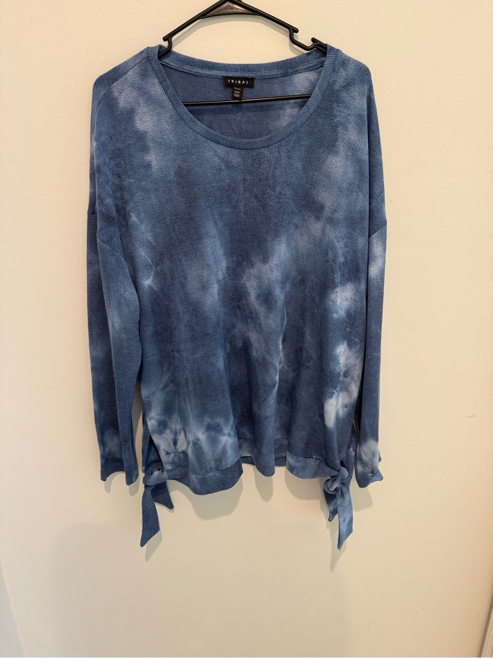 Tribal Blue Tie-Dye Long Sleeve Sweater with Side Ties